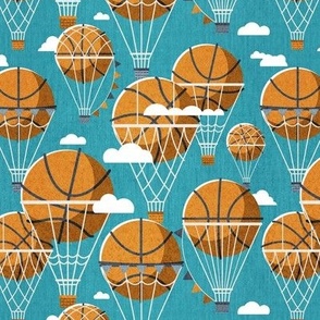 Small scale // Dream above // peacock blue background orange basketball dreamy balls hot air balloons on sky with clouds and stars wallpaper nursery boys room
