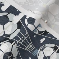 Small scale // Dream above // hale navy background football dreamy balls hot air balloons on sky with clouds and stars wallpaper nursery boys room