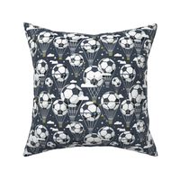 Small scale // Dream above // hale navy background football dreamy balls hot air balloons on sky with clouds and stars wallpaper nursery boys room