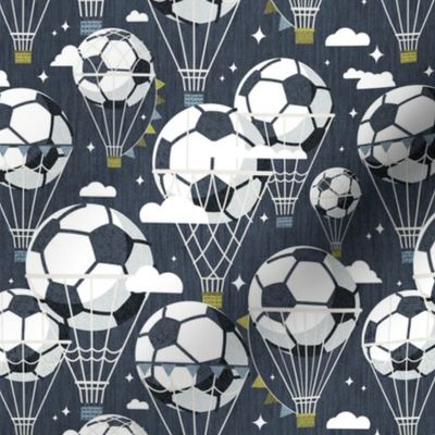 Small scale // Dream above // hale navy background football dreamy balls hot air balloons on sky with clouds and stars wallpaper nursery boys room