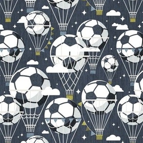 Small scale // Dream above // hale navy background football dreamy balls hot air balloons on sky with clouds and stars wallpaper nursery boys room