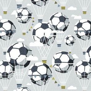 Small scale // Dream above // bunny grey background football dreamy balls hot air balloons on sky with clouds and stars wallpaper nursery boys room
