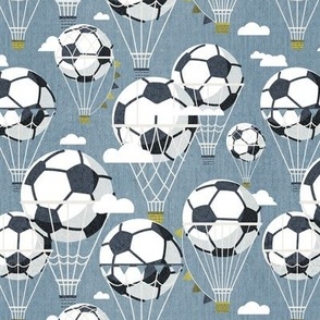 Small scale // Dream above // bali blue background football dreamy balls hot air balloons on sky with clouds and stars wallpaper nursery boys room