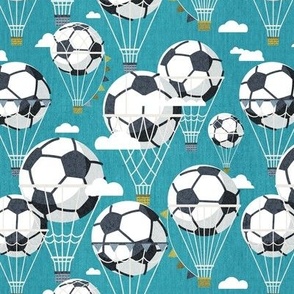 Small scale // Dream above // peacock blue background football dreamy balls hot air balloons on sky with clouds and stars wallpaper nursery boys room