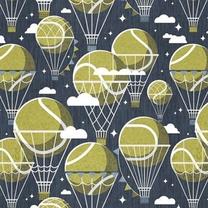 Small scale // Dream above // hale navy background split pea green tennis dreamy balls hot air balloons on sky with clouds and stars wallpaper nursery boys room