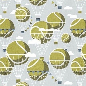 Small scale // Dream above // bunny grey background split pea green tennis dreamy balls hot air balloons on sky with clouds and stars wallpaper nursery boys room
