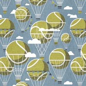 Small scale // Dream above // bali blue background split pea green tennis dreamy balls hot air balloons on sky with clouds and stars wallpaper nursery boys room