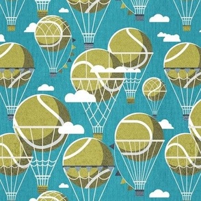 Small scale // Dream above // peacock blue background split pea green tennis dreamy balls hot air balloons on sky with clouds and stars wallpaper nursery boys room