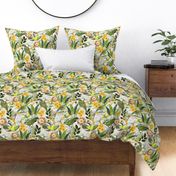 14" Exquisite antique charm: A Vintage Rainforest Botanical Tropical Pattern, Featuring exotic leaves orange and yellow blossoms,  green parrot birds on a white background double layer