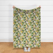 14" Exquisite antique charm: A Vintage Rainforest Botanical Tropical Pattern, Featuring exotic leaves orange and yellow blossoms,  green parrot birds on a white background double layer