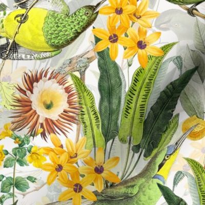 14" Exquisite antique charm: A Vintage Rainforest Botanical Tropical Pattern, Featuring exotic leaves orange and yellow blossoms,  green parrot birds on a white background double layer