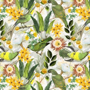 14" Exquisite antique charm: A Vintage Rainforest Botanical Tropical Pattern, Featuring exotic leaves orange and yellow blossoms,  green parrot birds on a white background double layer