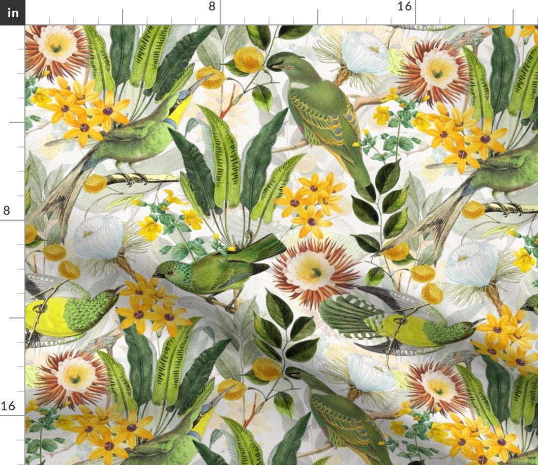 14" Exquisite antique charm: A Vintage Rainforest Botanical Tropical Pattern, Featuring exotic leaves orange and yellow blossoms,  green parrot birds on a white background double layer