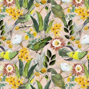 14" Exquisite antique charm: A Vintage Rainforest Botanical Tropical Pattern, Featuring exotic leaves orange and yellow blossoms,  green parrot birds on a blush background double layer