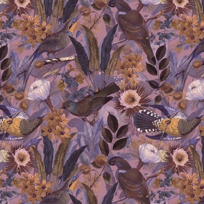 14" Exquisite antique charm: A Vintage Rainforest Botanical Tropical Pattern, Featuring exotic leaves orange and yellow blossoms,  green parrot birds on a sepia purple background double layer