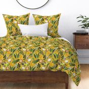 14" Exquisite antique charm: A Vintage Rainforest Botanical Tropical Pattern, Featuring exotic leaves orange and yellow blossoms,  green parrot birds on a sunny yellow  background double layer