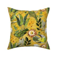 14" Exquisite antique charm: A Vintage Rainforest Botanical Tropical Pattern, Featuring exotic leaves orange and yellow blossoms,  green parrot birds on a sunny yellow  background double layer