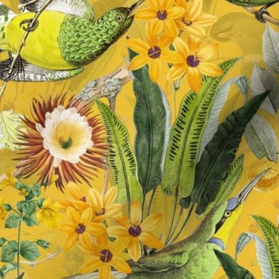 14" Exquisite antique charm: A Vintage Rainforest Botanical Tropical Pattern, Featuring exotic leaves orange and yellow blossoms,  green parrot birds on a sunny yellow  background double layer