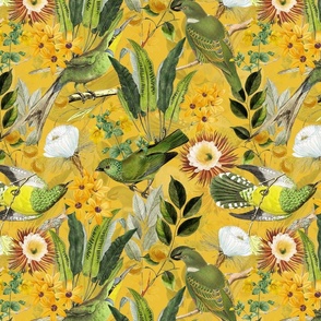 14" Exquisite antique charm: A Vintage Rainforest Botanical Tropical Pattern, Featuring exotic leaves orange and yellow blossoms,  green parrot birds on a sunny yellow  background double layer