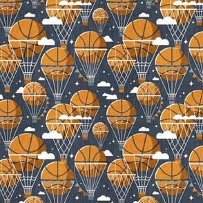 Tiny scale // Dream above // hale navy background orange basketball dreamy balls hot air balloons on sky with clouds and stars wallpaper nursery boys room