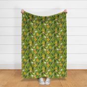 14" Exquisite antique charm: A Vintage Rainforest Botanical Tropical Pattern, Featuring exotic leaves orange and yellow blossoms,  green parrot birds on a shiny green background double layer