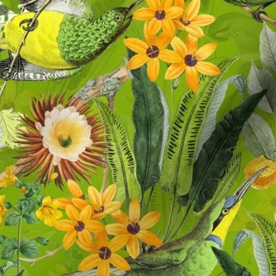 14" Exquisite antique charm: A Vintage Rainforest Botanical Tropical Pattern, Featuring exotic leaves orange and yellow blossoms,  green parrot birds on a shiny green background double layer