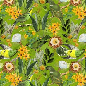 14" Exquisite antique charm: A Vintage Rainforest Botanical Tropical Pattern, Featuring exotic leaves orange and yellow blossoms,  green parrot birds on a shiny green background double layer