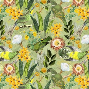 14" Exquisite antique charm: A Vintage Rainforest Botanical Tropical Pattern, Featuring exotic leaves orange and yellow blossoms,  green parrot birds on a sepia green background double layer