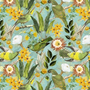 14" Exquisite antique charm: A Vintage Rainforest Botanical Tropical Pattern, Featuring exotic leaves orange and yellow blossoms,  green parrot birds on a sepia turquoise background double layer