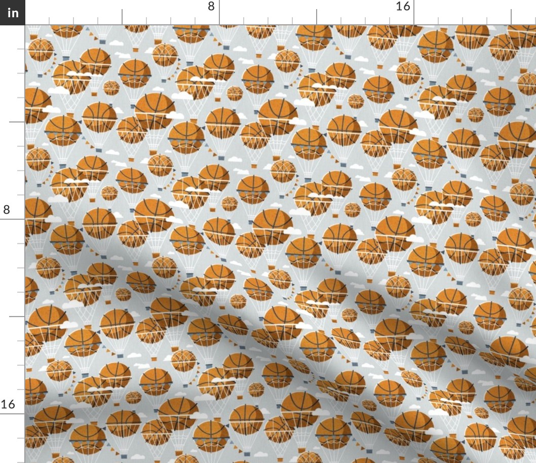 Tiny scale // Dream above // bunny grey background orange basketball dreamy balls hot air balloons on sky with clouds and stars wallpaper nursery boys room