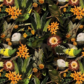 14" Exquisite antique charm: A Vintage Rainforest Botanical Tropical Pattern, Featuring exotic leaves orange and yellow blossoms,  green parrot birds on a black midnight background double layer