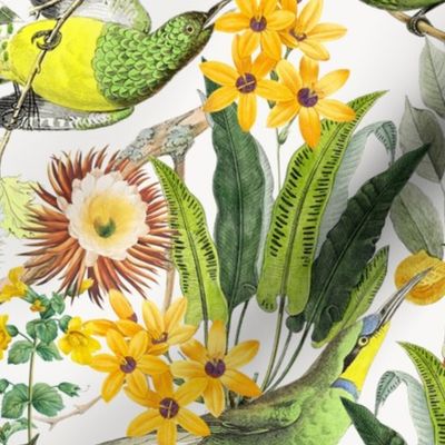 14" Exquisite antique charm: A Vintage Rainforest Botanical Tropical Pattern, Featuring exotic leaves orange and yellow blossoms,   dark green parrot birds on a white background