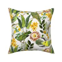 14" Exquisite antique charm: A Vintage Rainforest Botanical Tropical Pattern, Featuring exotic leaves orange and yellow blossoms,   dark green parrot birds on a white background