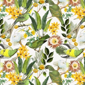 14" Exquisite antique charm: A Vintage Rainforest Botanical Tropical Pattern, Featuring exotic leaves orange and yellow blossoms,   dark green parrot birds on a white background
