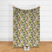 14" Exquisite antique charm: A Vintage Rainforest Botanical Tropical Pattern, Featuring exotic leaves orange and yellow blossoms,   dark green parrot birds on a blush background
