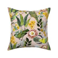 14" Exquisite antique charm: A Vintage Rainforest Botanical Tropical Pattern, Featuring exotic leaves orange and yellow blossoms,   dark green parrot birds on a blush background