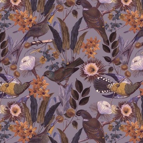 14" Exquisite antique charm: A Vintage Rainforest Botanical Tropical Pattern, Featuring exotic leaves orange and yellow blossoms,   dark green parrot birds on a sepia purple background