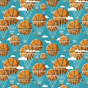 Tiny scale // Dream above // peacock blue background orange basketball dreamy balls hot air balloons on sky with clouds and stars wallpaper nursery boys room