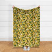 14" Exquisite antique charm: A Vintage Rainforest Botanical Tropical Pattern, Featuring exotic leaves orange and yellow blossoms,   dark green parrot birds on a sunny yellow background