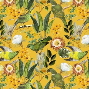 14" Exquisite antique charm: A Vintage Rainforest Botanical Tropical Pattern, Featuring exotic leaves orange and yellow blossoms,   dark green parrot birds on a sunny yellow background