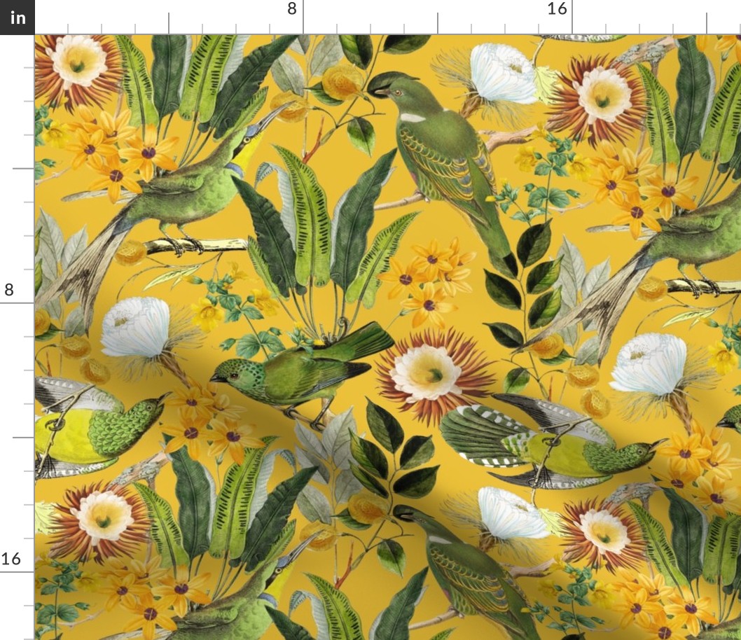14" Exquisite antique charm: A Vintage Rainforest Botanical Tropical Pattern, Featuring exotic leaves orange and yellow blossoms,   dark green parrot birds on a sunny yellow background