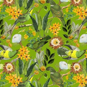 14" Exquisite antique charm: A Vintage Rainforest Botanical Tropical Pattern, Featuring exotic leaves orange and yellow blossoms,   dark green parrot birds on a  shiny green background
