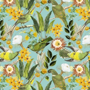 14" Exquisite antique charm: A Vintage Rainforest Botanical Tropical Pattern, Featuring exotic leaves orange and yellow blossoms,   dark green parrot birds on a turquoise background