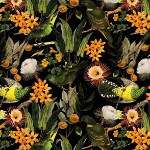 14" Exquisite antique charm: A Vintage Rainforest Botanical Tropical Pattern, Featuring exotic leaves orange and yellow blossoms,   dark green parrot birds on a black  background