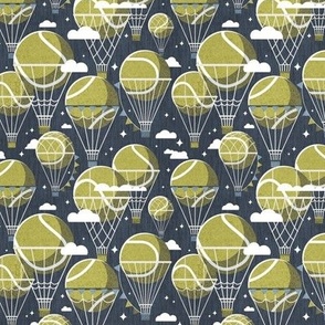 Tiny scale // Dream above // hale navy background split pea green tennis dreamy balls hot air balloons on sky with clouds and stars wallpaper nursery boys room
