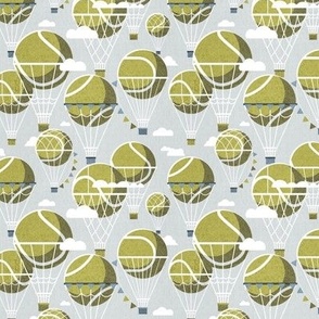 Tiny scale // Dream above // bunny grey background split pea green tennis dreamy balls hot air balloons on sky with clouds and stars wallpaper nursery boys room