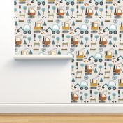 Diggers / Construction Trucks Boy Pattern - blue and mustard truck fabric (bisque, patt 1) large scale