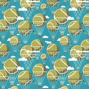 Tiny scale // Dream above // peacock blue background split pea green tennis dreamy balls hot air balloons on sky with clouds and stars wallpaper nursery boys room
