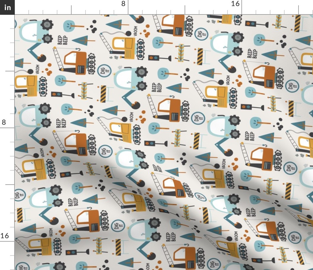 Diggers / Construction Trucks Boy Pattern - blue and mustard truck fabric (bisque, patt 1) half-scale ROTATED