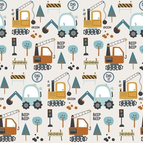 Diggers / Construction Trucks Boy Pattern - blue and mustard truck fabric (bisque, patt 1) half-scale